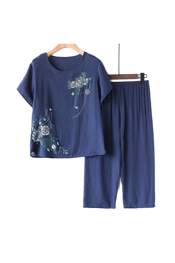 Linen Sets for Women 2 Piece Ladies Summer Pullover Printing Casual Suit