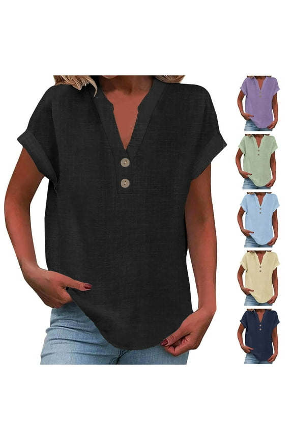 Linen Shirts for Women Cotton Button Up Shirt Short Sleeve Roll Up Loose Fit V-Neck Summer Casual Work Blouse Tops
