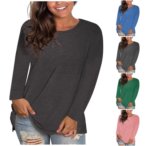 Jsaierl Long Sleeve Shirts for Women Crewneck Basic Casual Tops Ladies Solid Color Tee Shirts Soft Stretch Womens T Shirts S-4XL