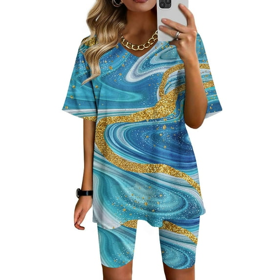 Jsaierl Lounge Sets for Women 2 Piece Short Sleeve Plus Size Tops and Wide Leg Pants Sets 2 Piece Boho Vacation Outfits Sets