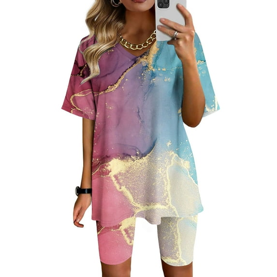 Jsaierl Lounge Sets for Women 2 Piece Short Sleeve Plus Size Tops and Wide Leg Pants Sets 2 Piece Boho Vacation Outfits Sets