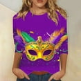 thumbnail image 1 of Jsaierl Mardi Gras Clothings for Women 3/4 Sleeve Mask Graphic Blouse Carnival Themed Tees Party 3D Print Tops Funny Gifts Parade Tshirt, 1 of 5