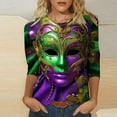 thumbnail image 1 of Jsaierl Mardi Gras Clothings for Women 3/4 Sleeve Mask Graphic Blouse Carnival Themed Tees Party 3D Print Tops Funny Gifts Parade Tshirt, 1 of 5