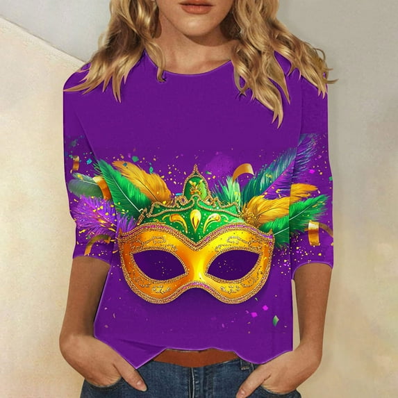Jsaierl Mardi Gras Clothings for Women 3/4 Sleeve Mask Graphic Blouse Carnival Themed Tees Party 3D Print Tops Funny Gifts Parade Tshirt