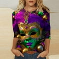 thumbnail image 1 of Jsaierl Mardi Gras Clothings for Women 3/4 Sleeve Mask Graphic Blouse Carnival Themed Tees Party 3D Print Tops Funny Gifts Parade Tshirt, 1 of 5