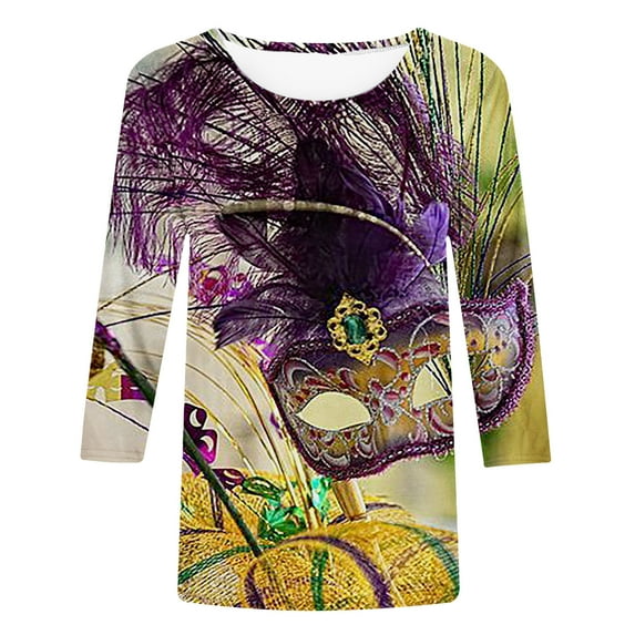 Jsaierl Mardi Gras Shirts for Women Carnival Outfit Mask Graphic Tee Plus Size Tunic 3/4 Sleeve Parade Blouse Gifts