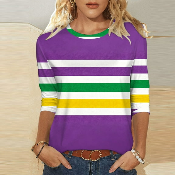 Jsaierl Mardi Gras Shirts for Women Cute Carnival Themed Mask Graphic Tees Oversized 3/4 Sleeve T Shirts Blouses Dressy Casual Round Neck Party Tops