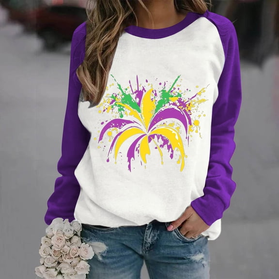 Jsaierl Mardi Gras Shirts for Women Cute Carnival Themed Mask Graphic Tees Oversized Long Sleeve T Shirts Blouses Dressy Casual Crewneck Tunic Tops