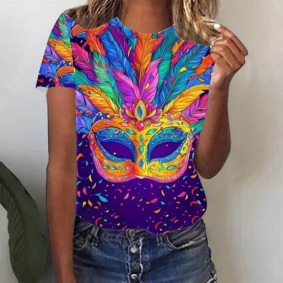 Jsaierl Mardi Gras Shirts for Women Cute Carnival Themed Mask Graphic Tees Oversized Short Sleeve T Shirts Blouses Holiday Crewneck Parade Tops