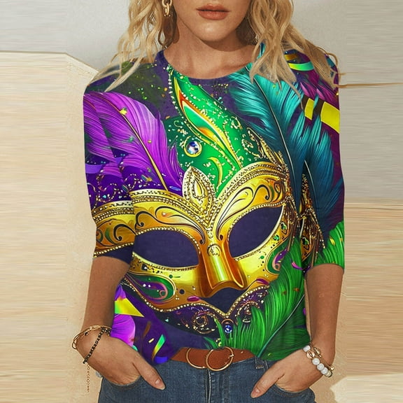 Jsaierl Mardi Gras Shirts for Women Funny Carnival Themed Mask Graphic Tees Loose Fit 3/4 Sleeve T Shirts Blouses Holiday Crewneck Tunic Tops