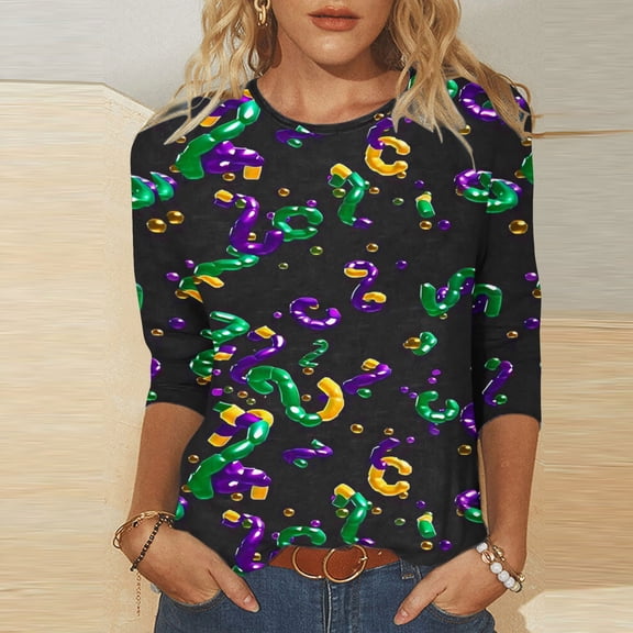 Jsaierl Mardi Gras Shirts for Women Funny Carnival Themed Mask Graphic Tees Trendy 3/4 Sleeve T Shirts Blouses Dressy Casual Crewneck Parade Tops