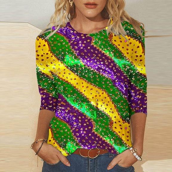 Jsaierl Mardi Gras Shirts for Women Funny Carnival Themed Mask Graphic Tees Trendy 3/4 Sleeve T Shirts Blouses Going Out Crewneck Tunic Tops