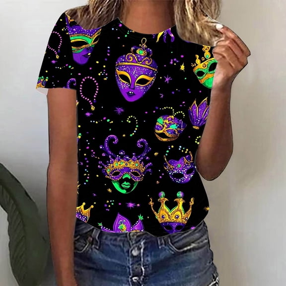 Jsaierl Mardi Gras Shirts for Women Funny Carnival Themed Mask Print Tees Loose Fit Short Sleeve T Shirts Blouses Holiday Crewneck Gifts Tops