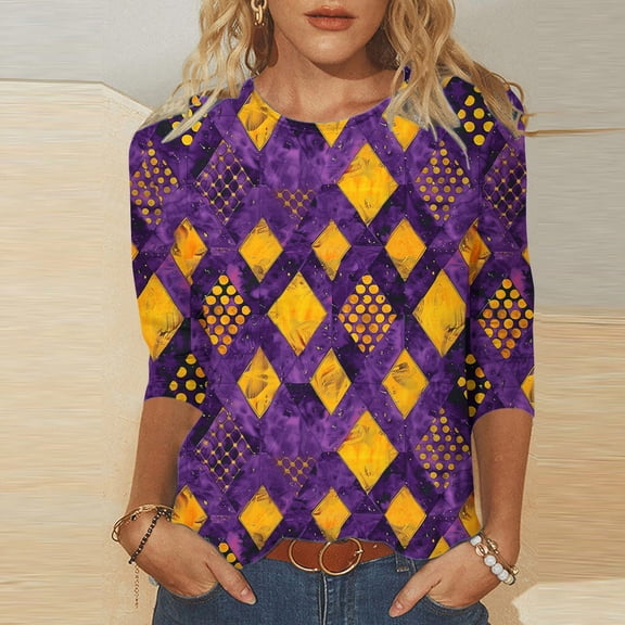 Jsaierl Mardi Gras Tshirts for Women Cute Carnival Themed Mask Graphic Tees Oversized 3/4 Sleeve T Shirts Blouses Going Out Crewneck Parade Tops