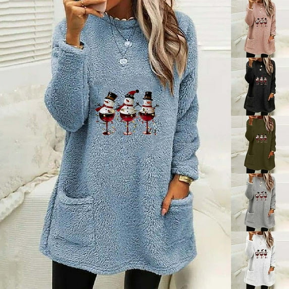 Jsaierl Merry Christmas Fleece Shirts for Women Funny Xmas Graphic Tees Stretch Round Neck T-shirt Short Sleeve Tunic Blouse Tops Christmas Costumes