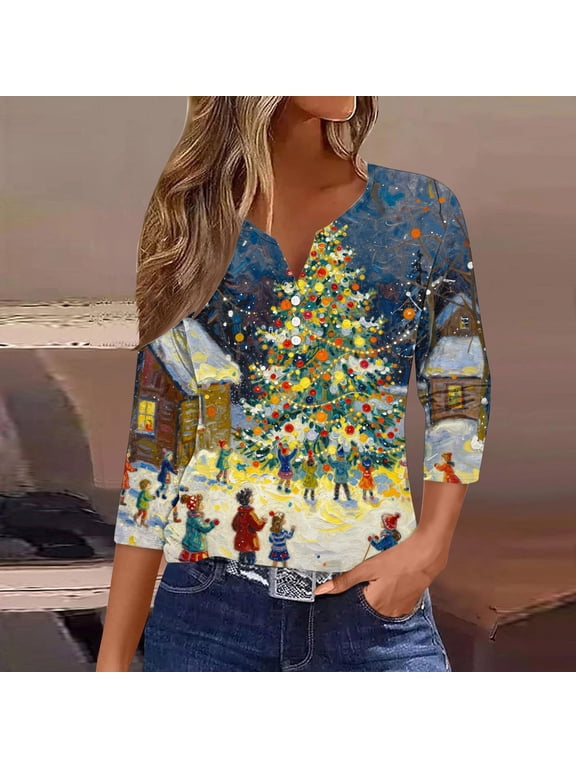 Merry Christmas Shirts for Women Plus Size Tree Graphic Tees Going Out Petite Button V Neck T-shirt 3/4 Sleeve Dressy Casual Blouse Tops S-3XL