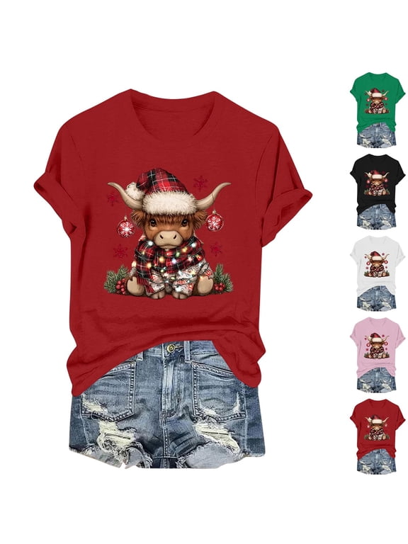Merry Christmas Shirts for Women Funny Cow Graphic Tees Petite Going Out Crewneck T-shirt Short Sleeve Tunic Blouse Tops S-3XL