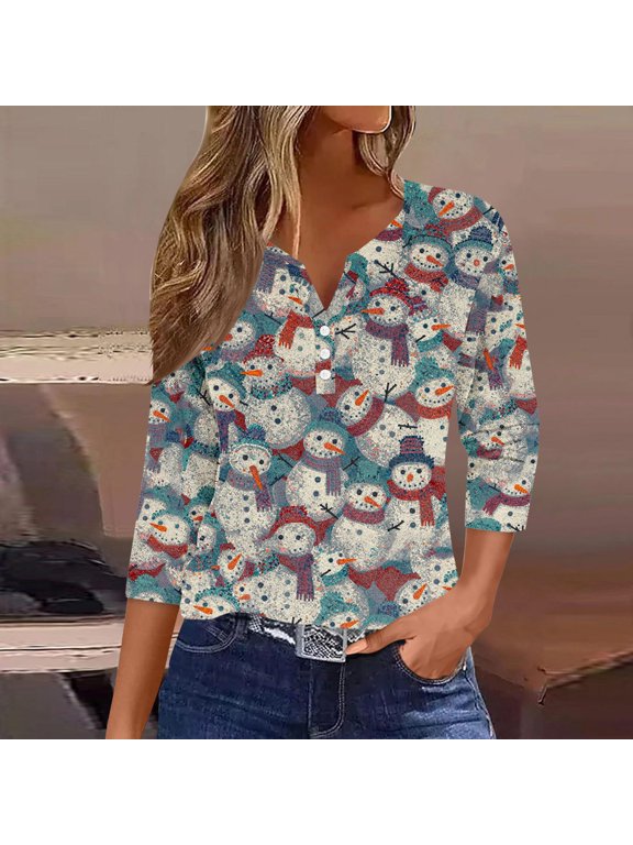 Merry Christmas Shirts for Women Funny Snowman Graphic Tees Going Out Petite Button V Neck T-shirt 3/4 Sleeve Xmas Blouse Tops S-3XL