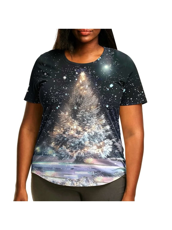 Merry Christmas Shirts for Women Funny Tree Graphic Tees Petite Going Out Crewneck T-shirt Short Sleeve Xmas Blouse Tops M-5XL