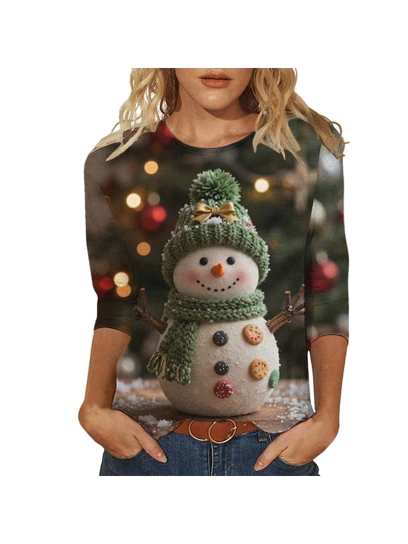 Merry Christmas Shirts for Women Plus Size Snowman Graphic Tees Going Out Petite Round Neck T-shirt 3/4 Sleeve Holiday Blouse Tops S-5XL