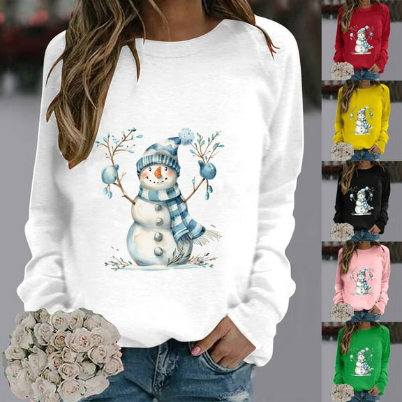 Jsaierl Merry Christmas Sweatshirts Womens Cute Snowman Print Sweatshirt Loose Fit Pullover Sweater Tops Round Neck Dressy Casual Long Sleeve Shirts Christmas Costume