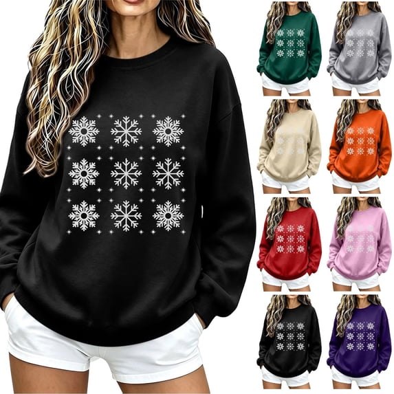 Jsaierl Merry Christmas Sweatshirts Womens Funny Snowflake Graphic Sweatshirt Ladies Soft Pullover Round Neck Holiday Long Sleeve Tops S-2XL