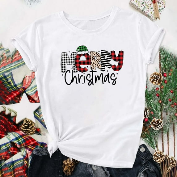 Jsaierl Merry Christmas T Shirts for Women Funny Graphic Tees Short Sleeve Crew Neck Tops Holiday Gifts
