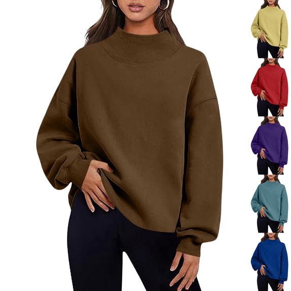 Jsaierl Mock Neck Sweatshirts for Women Casual Drop Shoulder Solid Color Round Neck Sweatshirt Athletic Sweater Workout Long Sleeve Tops Fall Fashion S-2XL