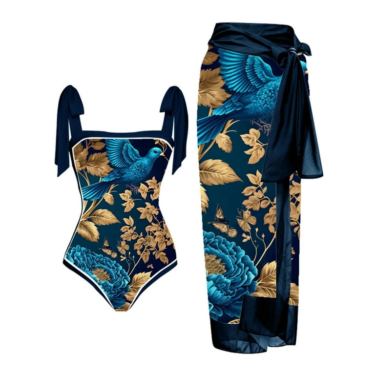 Jsaierl One Piece Bathing Suit for Women Plus Size 2 Piece Vintage Print Shapewear Swimwear Swimsuit with Chiffon Cover Up Wrap Long Skirts Set Walmart
