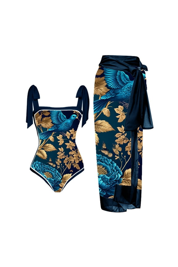One Piece Bathing Suit for Women Plus Size 2 Piece Vintage Print Shapewear Swimwear Swimsuit with Chiffon Cover Up Wrap Long Skirts Set