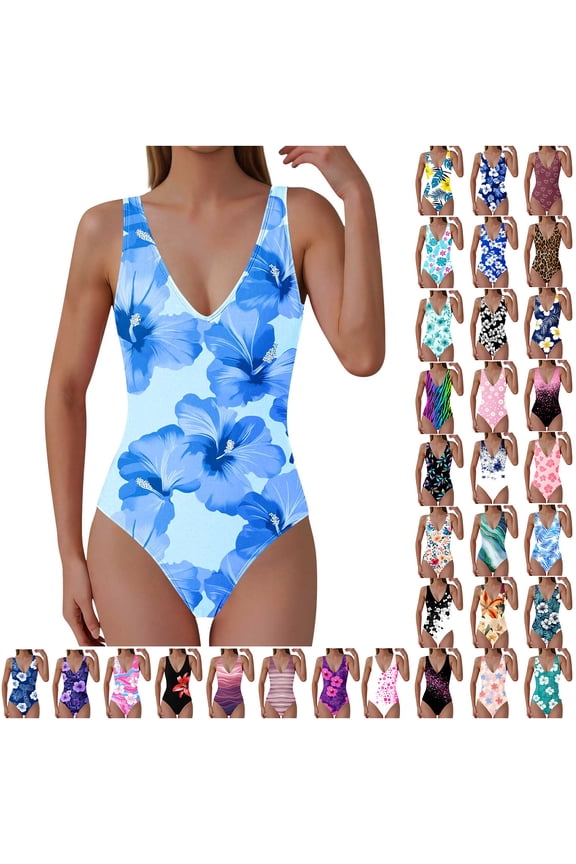 One Piece Tummy Control Swimsuits for Women V Neck Floral Print Monokinis Swimwear Beach Modest Full Coverage Bathing Suits