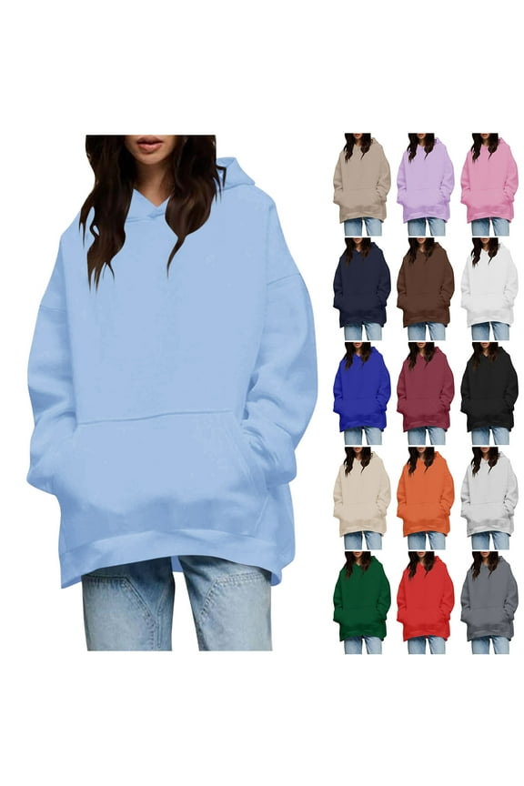 Oversized Hoodies for Women Long Sleeve Loose Fit Pullover Top Drop Shoulder Solid Color Basic Hooded Sweatshirts with Kangaroo Pocket