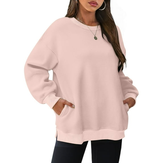 Jsaierl Oversized Sweatshirts for Women Loose Fit Side Split Stretch Crewneck Pullover Tops Casual Long Sleeve Fleece Sweatshirts with Side Pockets