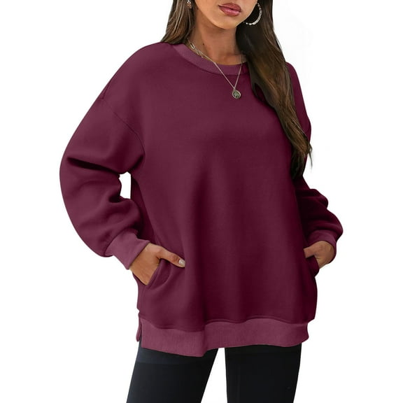 Jsaierl Oversized Sweatshirts for Women Loose Fit Side Split Stretch Crewneck Pullover Tops Casual Long Sleeve Fleece Sweatshirts with Side Pockets
