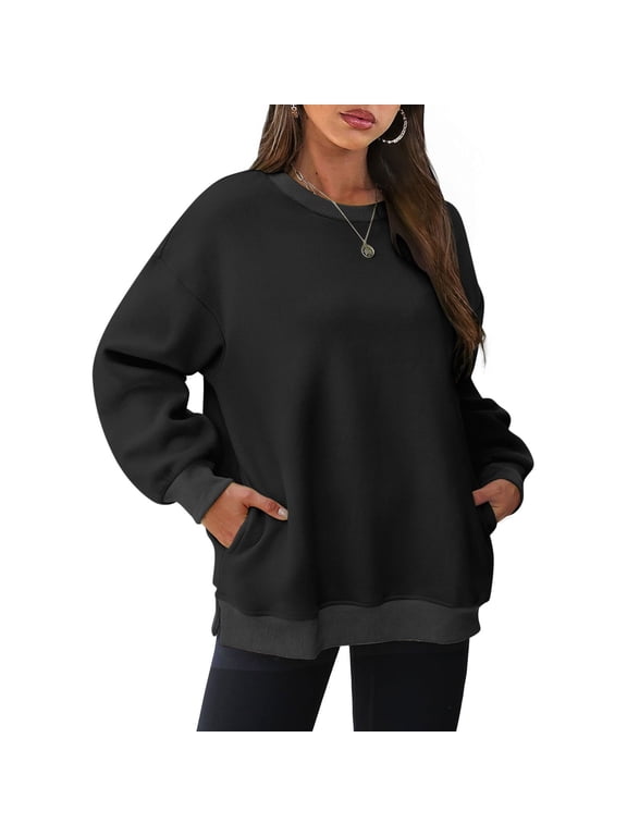 Oversized Sweatshirts for Women Loose Fit Side Split Stretch Crewneck Pullover Tops Casual Long Sleeve Fleece Sweatshirts with Side Pockets