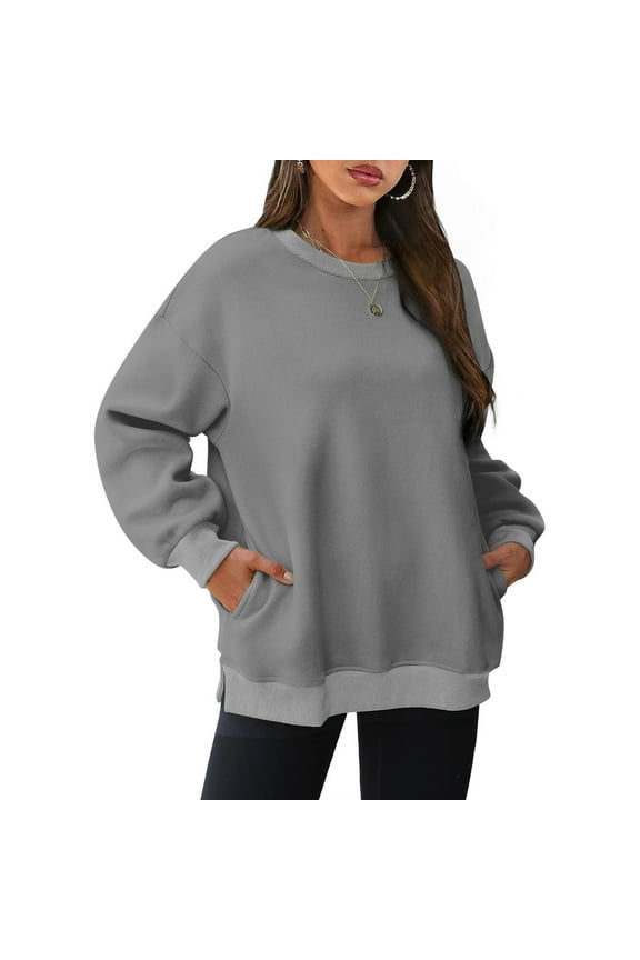 Oversized Sweatshirts for Women Loose Fit Side Split Stretch Crewneck Pullover Tops Casual Long Sleeve Fleece Sweatshirts with Side Pockets