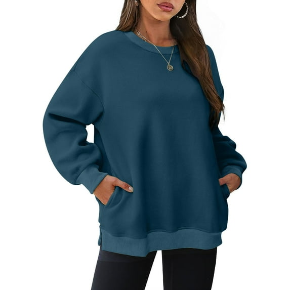 Jsaierl Oversized Sweatshirts for Women Loose Fit Side Split Stretch Crewneck Pullover Tops Casual Long Sleeve Fleece Sweatshirts with Side Pockets