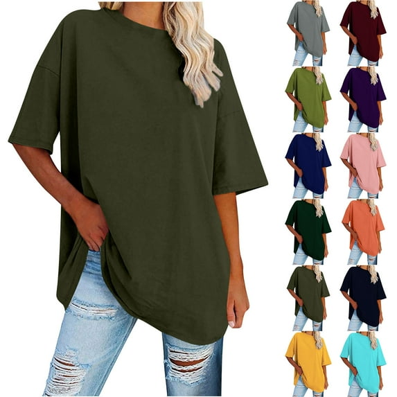 Jsaierl Oversized T Shirts for Women Casual Loose Fit Crew Neck Tees Drop Shoulder Solid Color Short Sleeve Basic Tops