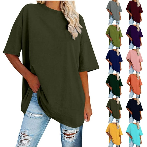 Jsaierl Oversized T Shirts for Women Casual Loose Fit Crew Neck Tees Drop Shoulder Solid Color Short Sleeve Basic Tops