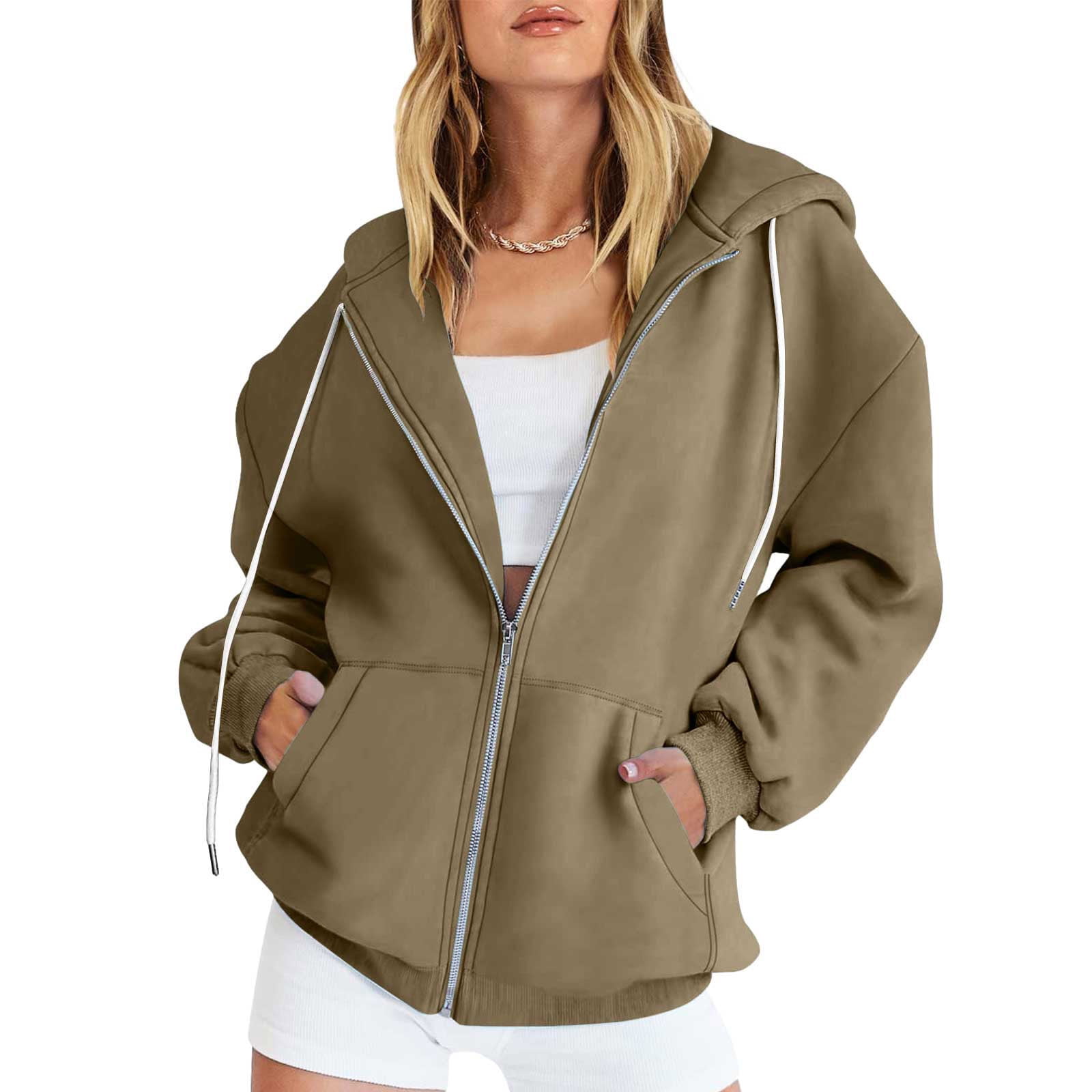 Jsaierl Oversized Zip Up Hoodie for Women Baggy Loose Basic Zipper ...