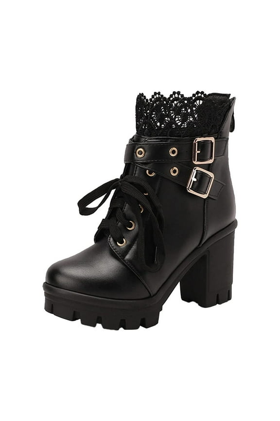 Platform Boots for Women, Heeled Combat Boots Chunky Heel Booties Round Toe Lace Up High Heel Ankle Boots