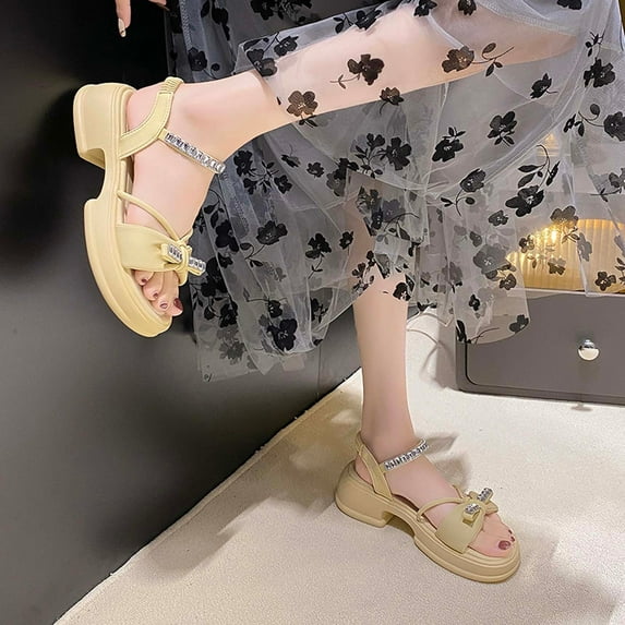 Jsaierl Platform Sandals for Women Casual Summer Open Toe Sandals Comfy Rhinestone Hollow Out Sandals Trendy Wedding Sandal Size 4.5