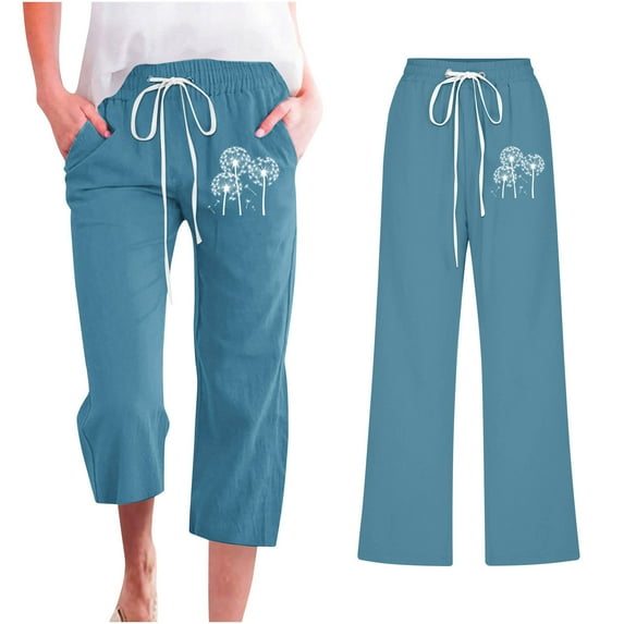 Jsaierl Plus Size Cotton Linen Capris Pants Women Summer Elastic Waist Pant Casual Drawstring Comfy Trousers Print Lounge Palazzo Pants