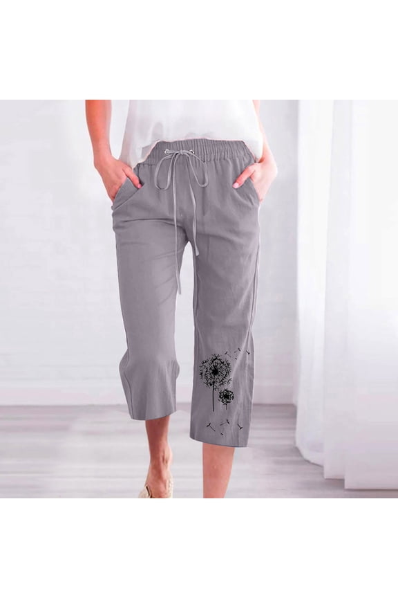 Plus Size Linen Capris Pants for Women Summer Elastic Waist Pant Casual Drawstring Comfy Trousers Print Yoga Beach Pants