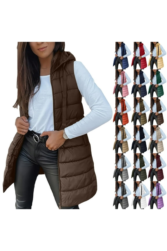 Puffer Vest Women Winter Warm Long Quilted Sleeveless Jackets with Pockets Fall Fashion Zip Up Puffy Coat Outerwear