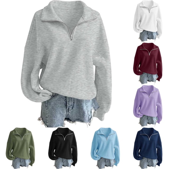 Jsaierl Quarter Zip Sweatshirts for Women Plus Size Solid Color Lapel Sweatshirt Travel Fashion Pullover Cotton Workout Long Sleeve Shirts