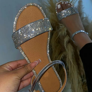 Jsaierl Rhinestone Flat Sandals for Women Dressy Summer Open Toe Sandals Comfy Hollow Out Sandals Fashionable Breathable Sandal Size 6.5