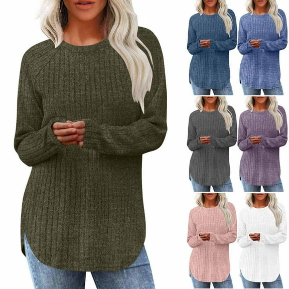 Jsaierl Ribbed Knit Long Sleeve Shirts for Women Casual Side Split Round Hem Pullover Sweater Top Loose Fit Crewneck Tunic Blouse Fall Clothes