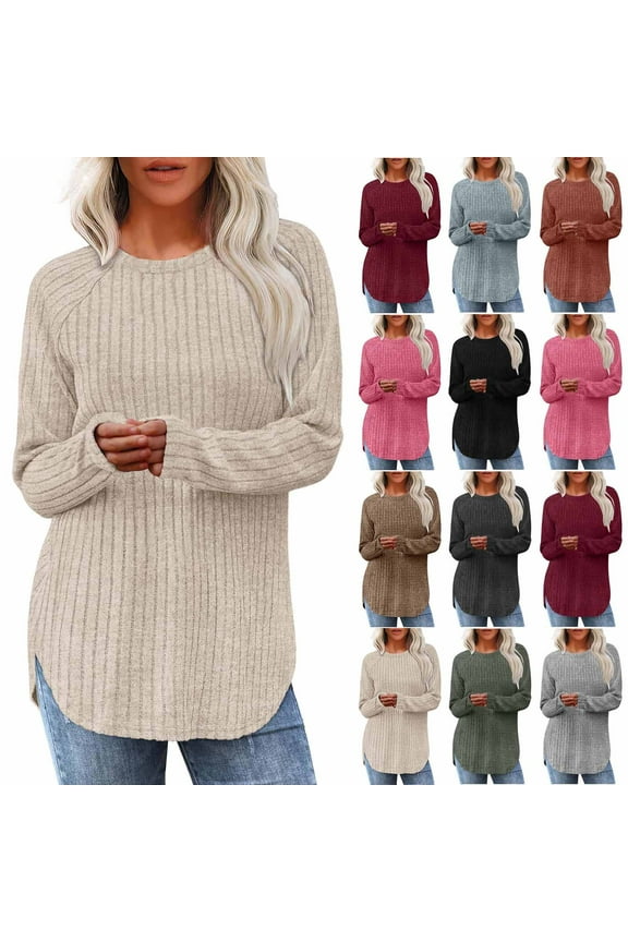 Ribbed Knit Long Sleeve Shirts for Women Casual Side Split Round Hem Pullover Sweater Top Loose Fit Crewneck Tunic Blouse Fall Clothes