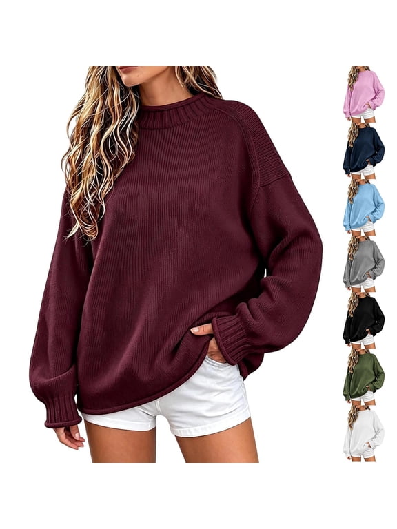 Roll Neck Oversized Sweaters for Women Knit Loose Fit Drop Shoulder Tops Fall Ladies Casual Pullover